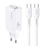 Incarcator USAMS 2xUSB-C USB-A GaN 65W MT PD Cablu USB-C USB-C 100W încărcare rapidă MTXLOGTC02 Alb